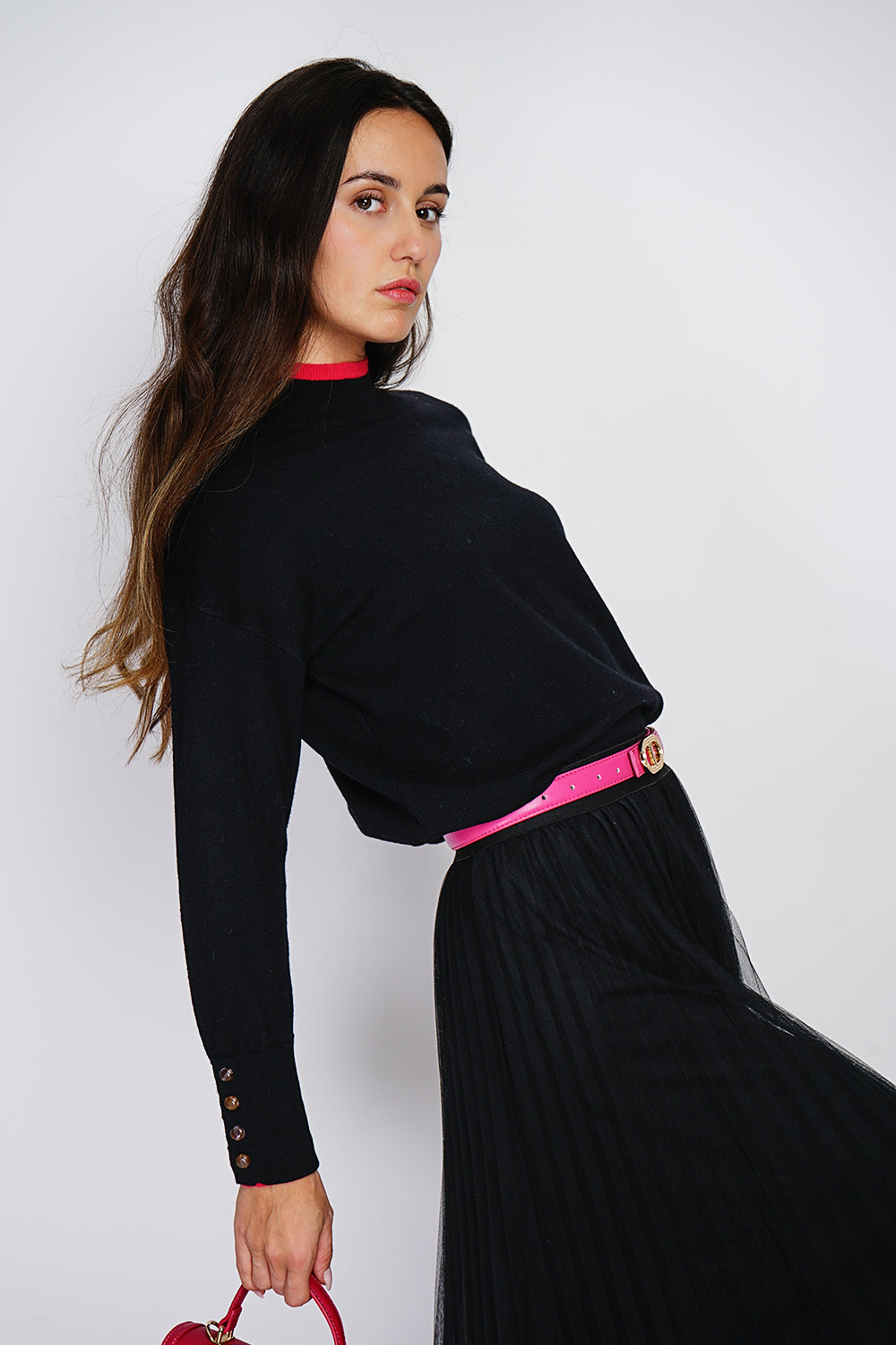 Buttoned turtleneck sweater with long sleeves in two-tone