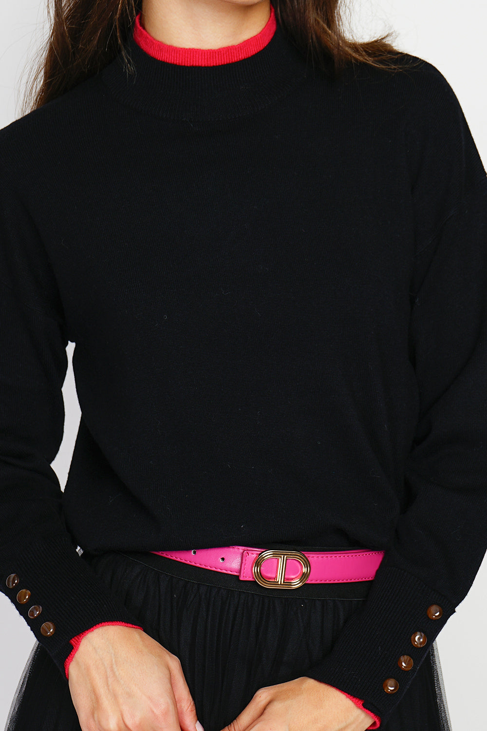 Buttoned turtleneck sweater with long sleeves in two-tone