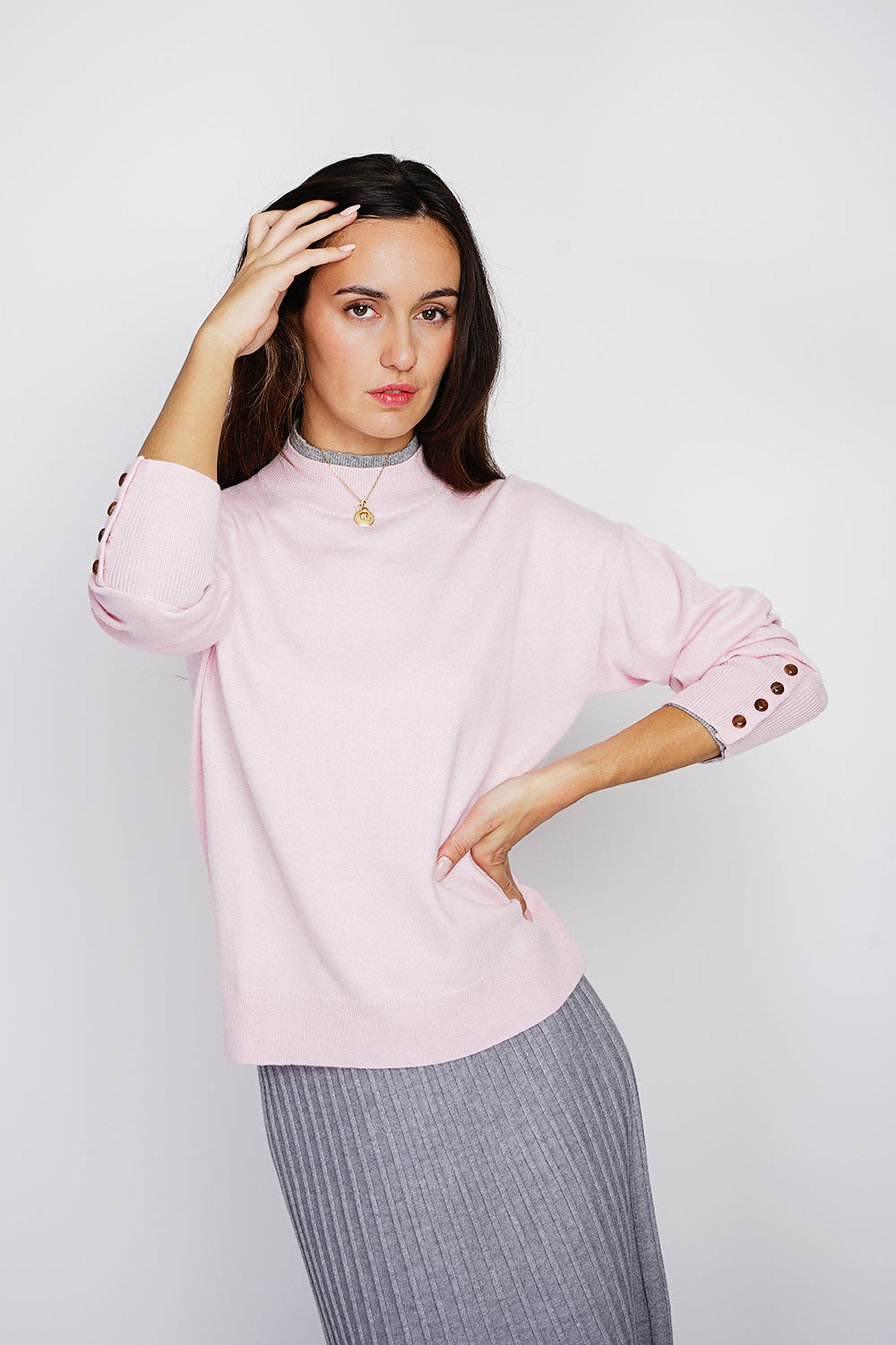 Buttoned turtleneck sweater with long sleeves in two-tone