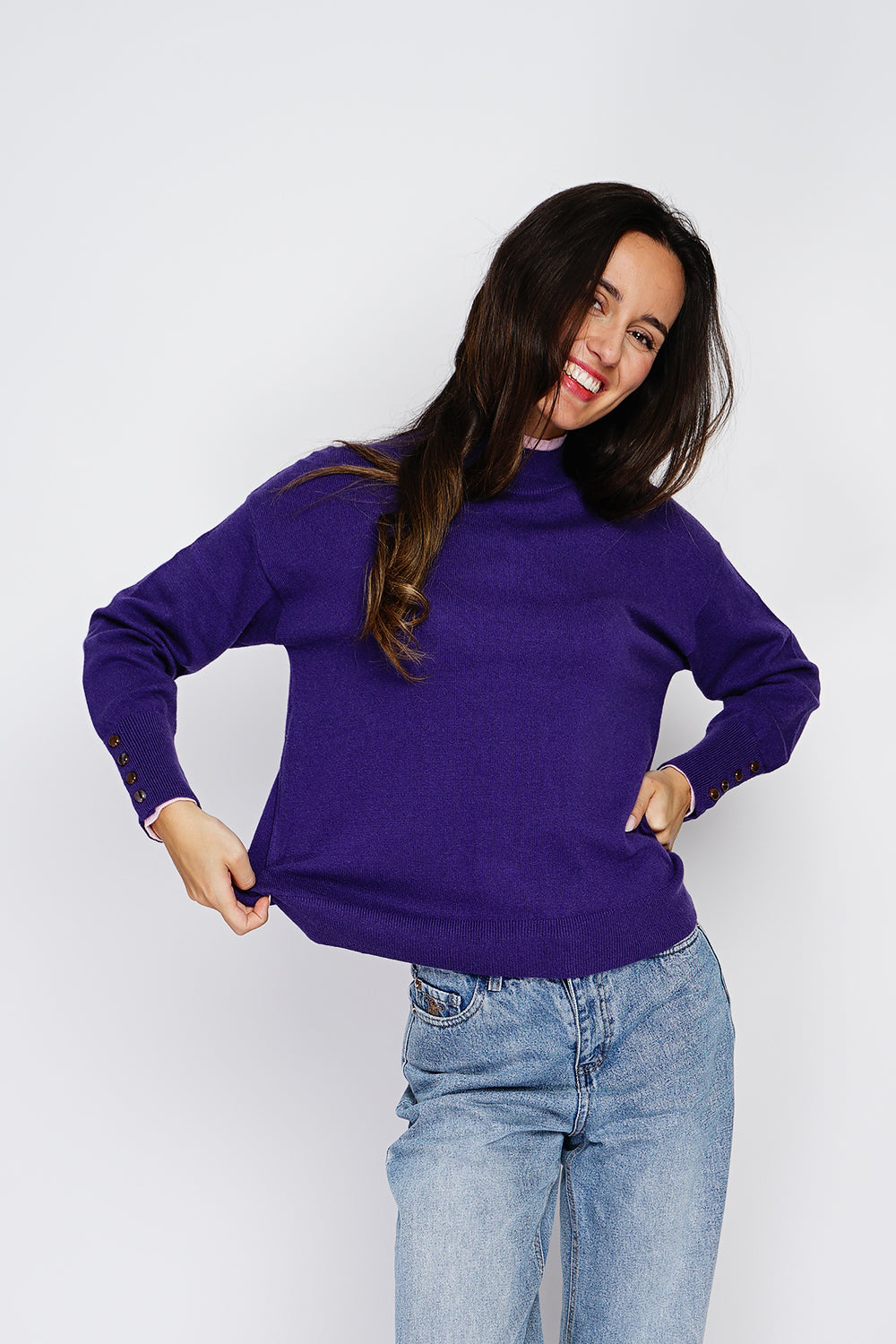 Buttoned turtleneck sweater with long sleeves in two-tone