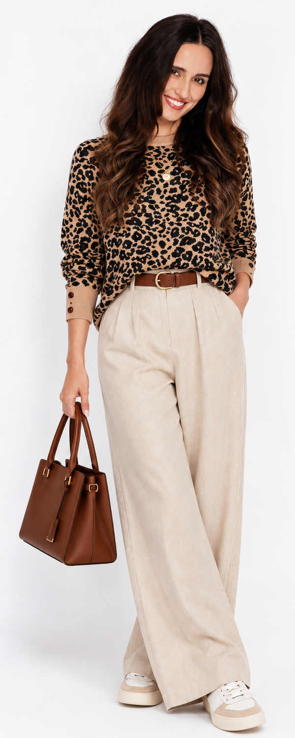 Pull large col rond léopard manches ballon – Camel – Assuili