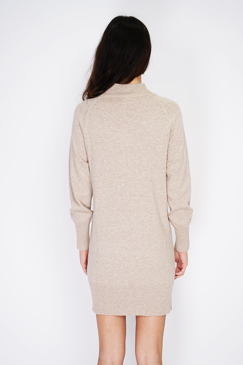 High collar dress with fancy knitting on the front and on the tiered sleeves