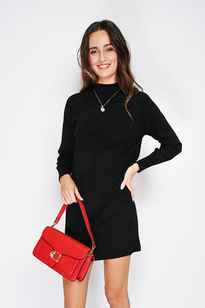 High collar dress with fancy knitting on the front and on the tiered sleeves