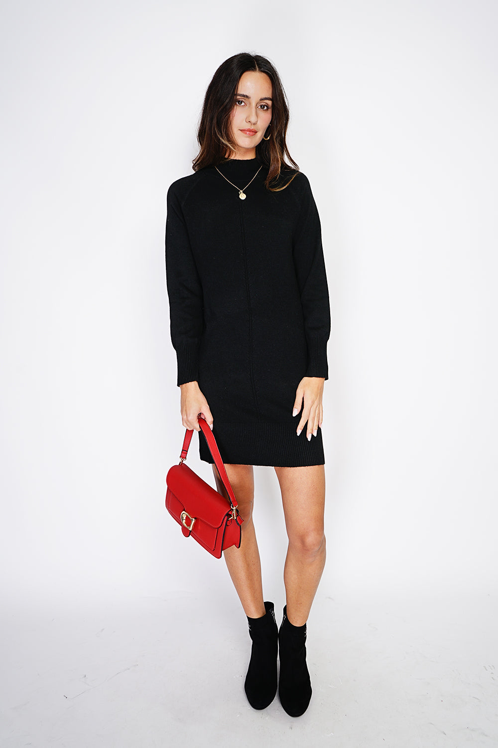 High collar dress with fancy knitting on the front and on the tiered sleeves