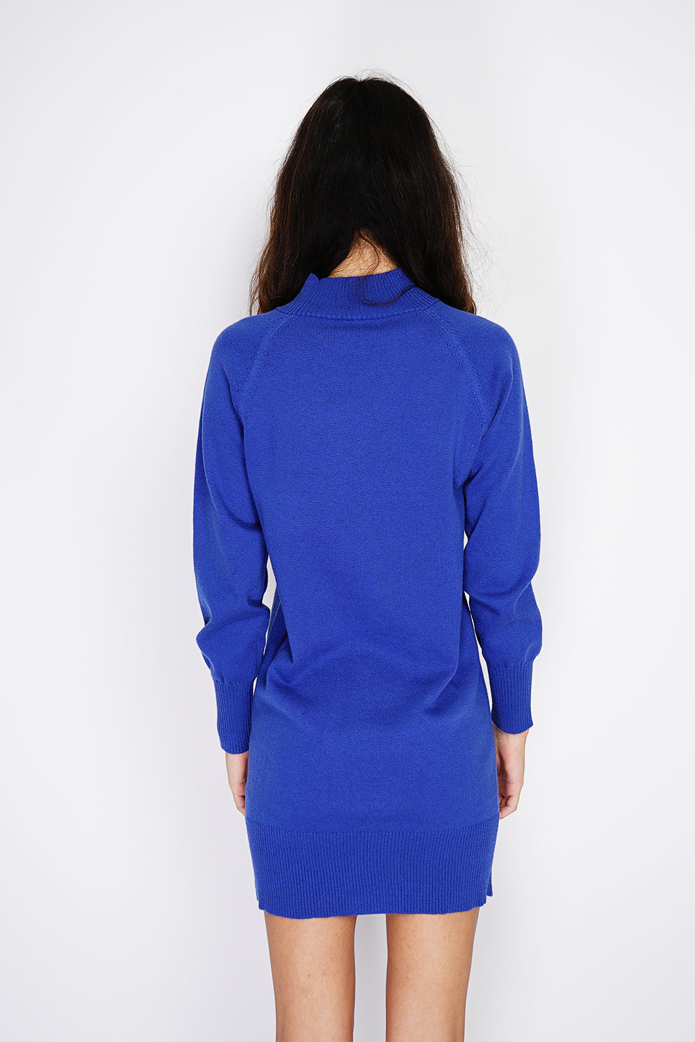 High collar dress with fancy knitting on the front and on the tiered sleeves