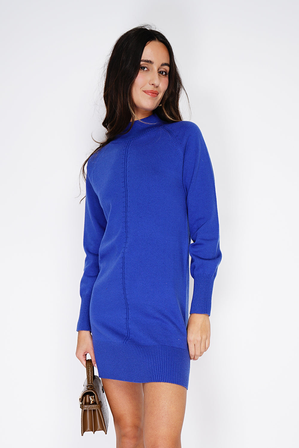 High collar dress with fancy knitting on the front and on the tiered sleeves