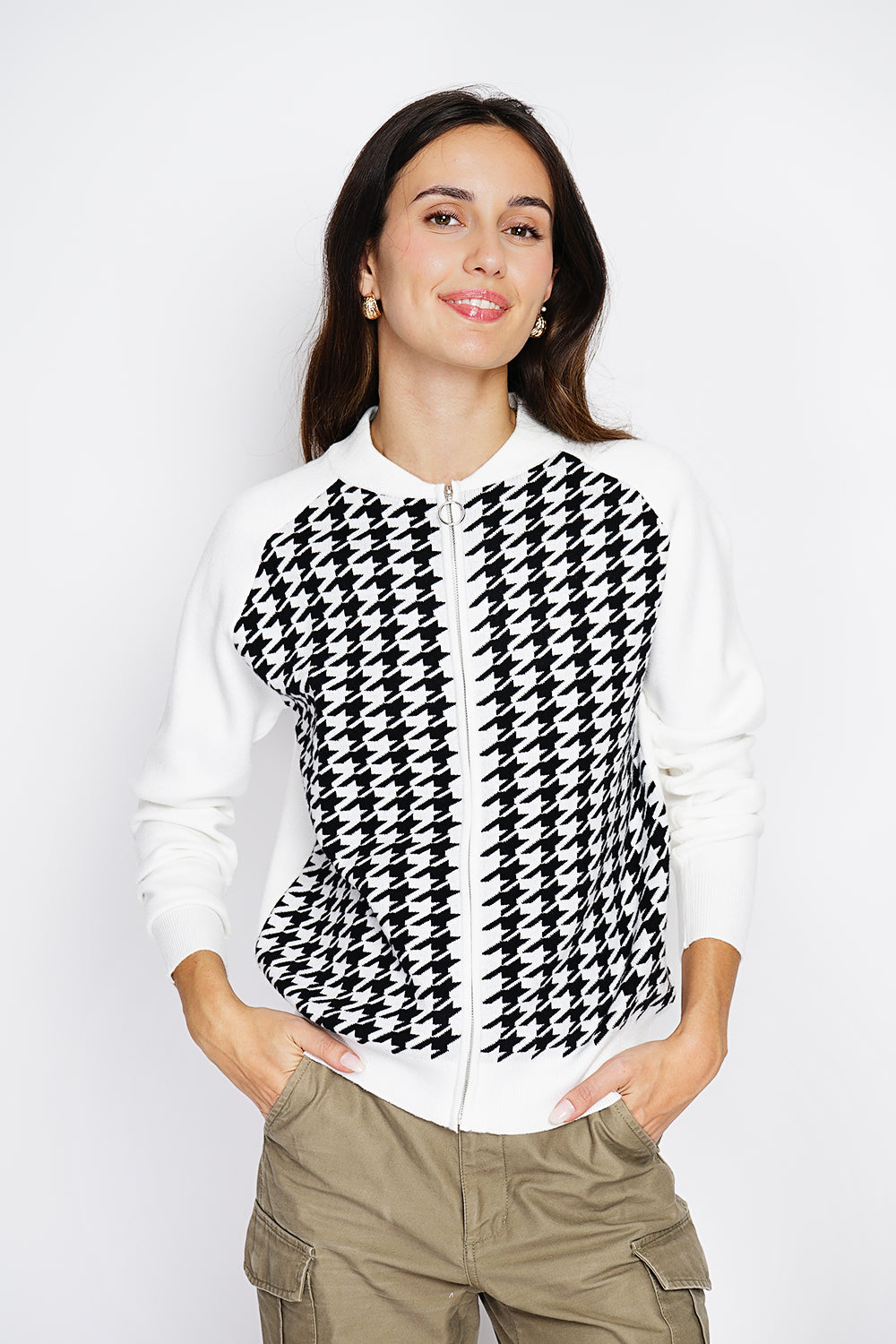 Vest Long-sleeved houndstooth knitted zipped bomber vest