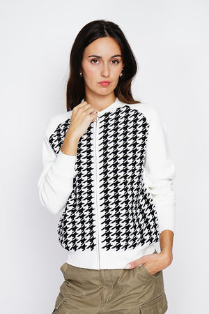 Vest Long-sleeved houndstooth knitted zipped bomber vest