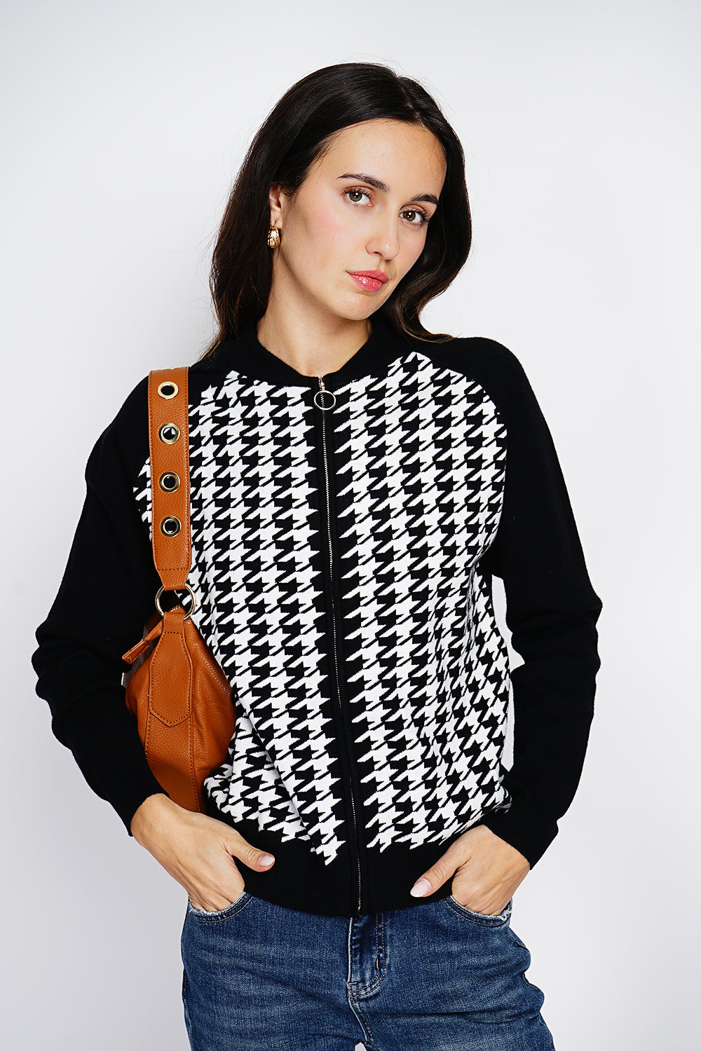 Vest Long-sleeved houndstooth knitted zipped bomber vest