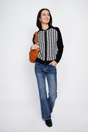 Vest Long-sleeved houndstooth knitted zipped bomber vest