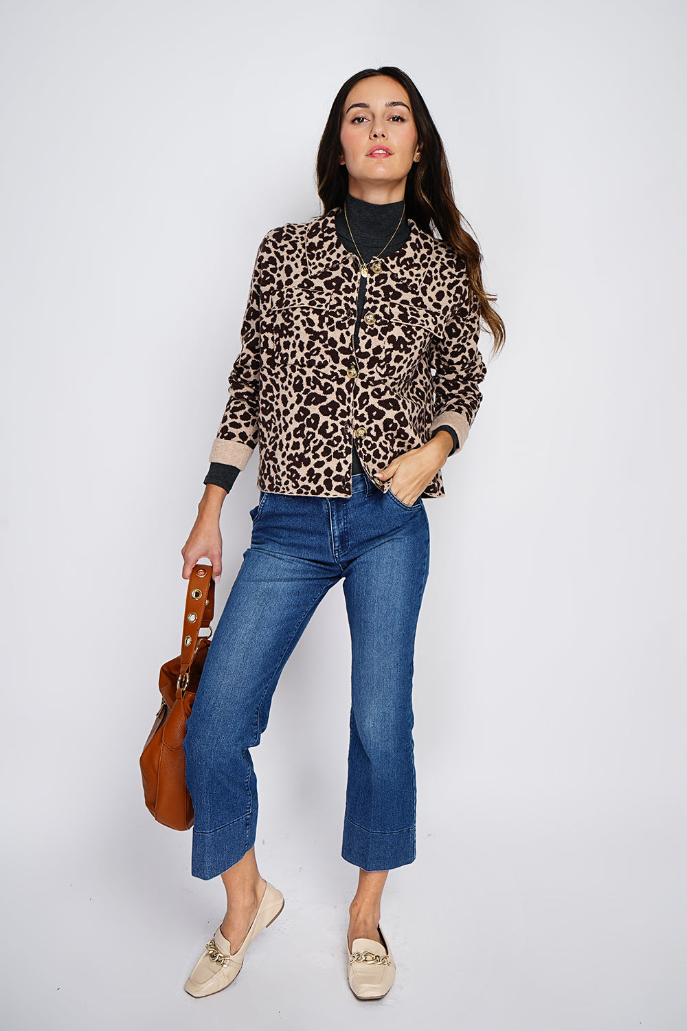 Fancy buttoned vest, Leopard knitting, long-sleeved flap pockets