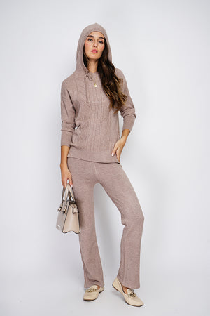 Fancy knitted hooded sweater and high-waisted wide-leg pants set in 4 threads