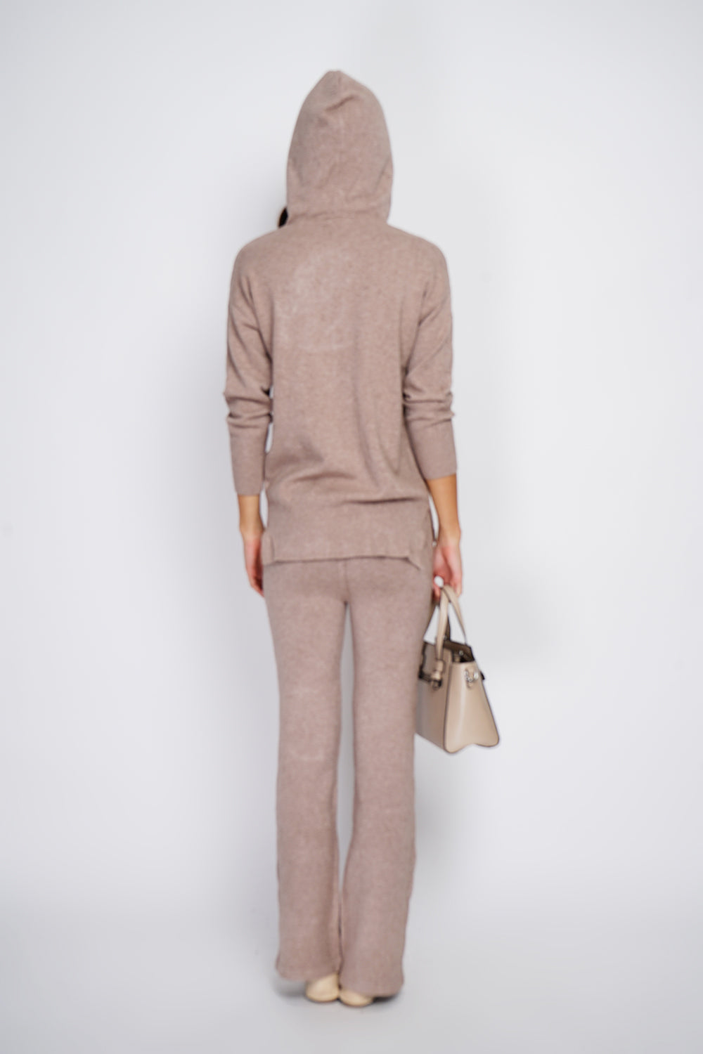 Fancy knitted hooded sweater and high-waisted wide-leg pants set in 4 threads