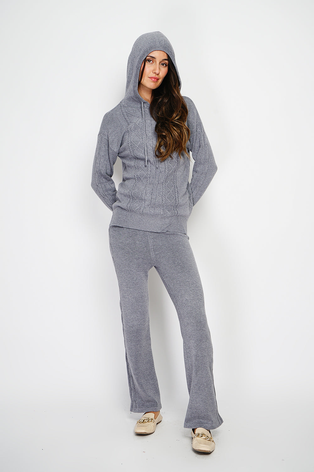 Fancy knitted hooded sweater and high-waisted wide-leg pants set in 4 threads