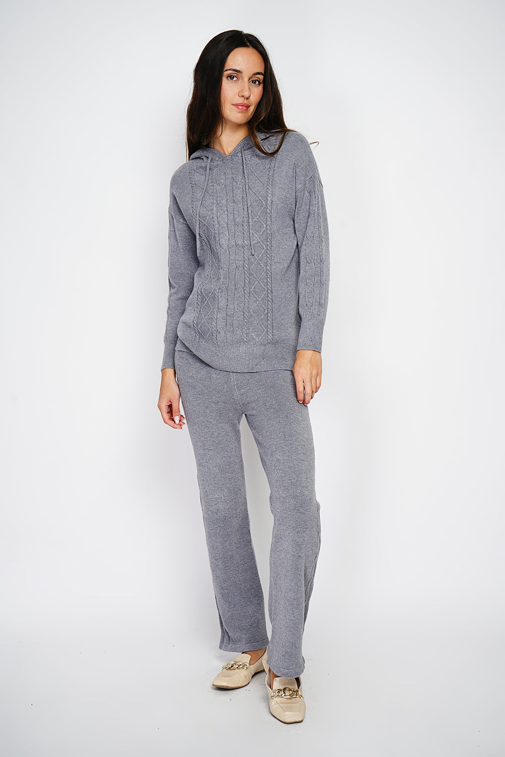 Fancy knitted hooded sweater and high-waisted wide-leg pants set in 4 threads