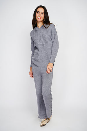 Fancy knitted hooded sweater and high-waisted wide-leg pants set in 4 threads