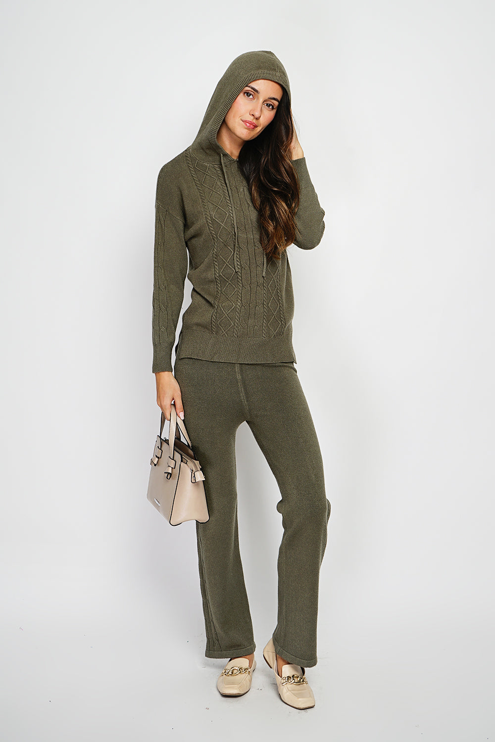 Fancy knitted hooded sweater and high-waisted wide-leg pants set in 4 threads