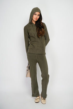 Fancy knitted hooded sweater and high-waisted wide-leg pants set in 4 threads