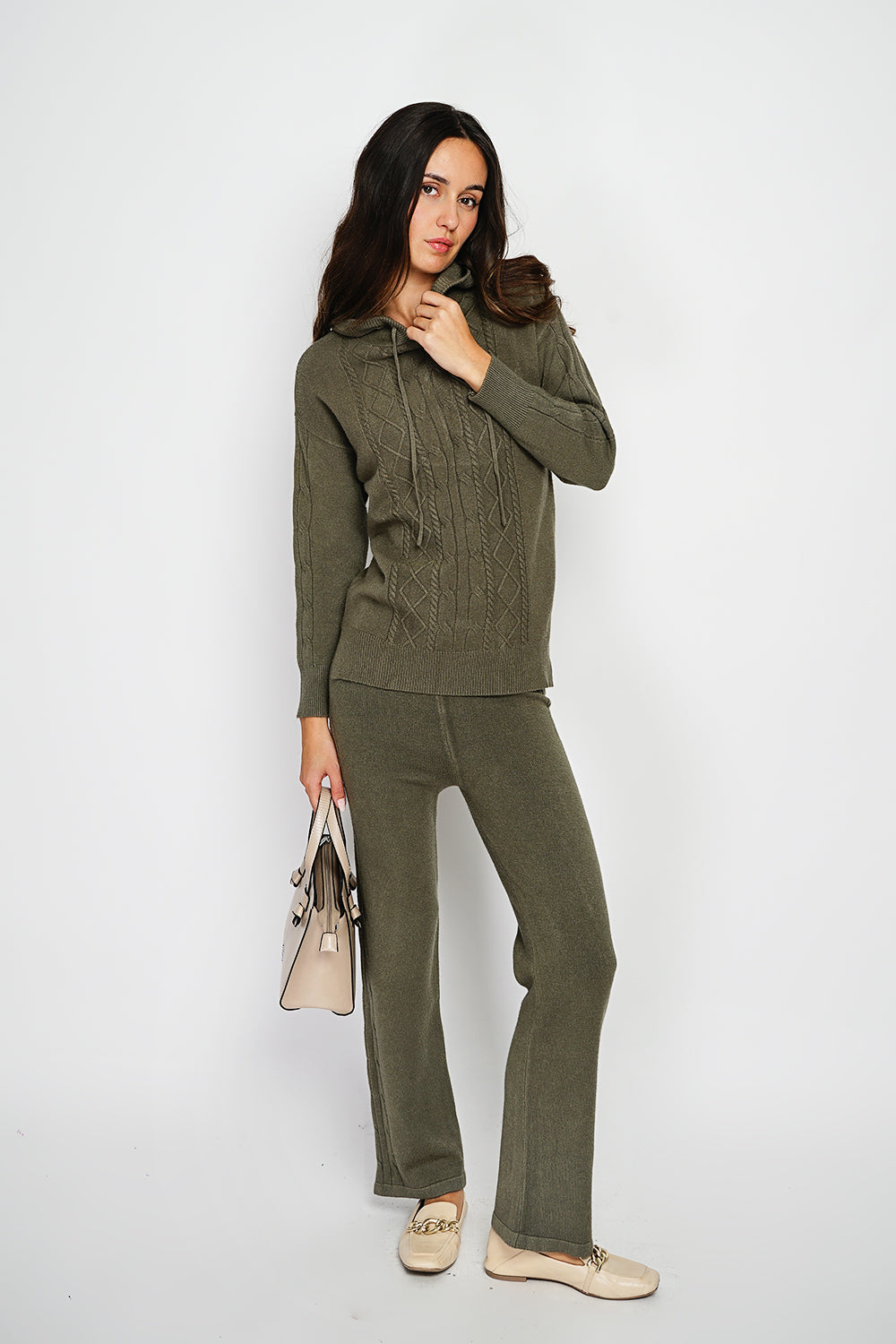 Fancy knitted hooded sweater and high-waisted wide-leg pants set in 4 threads