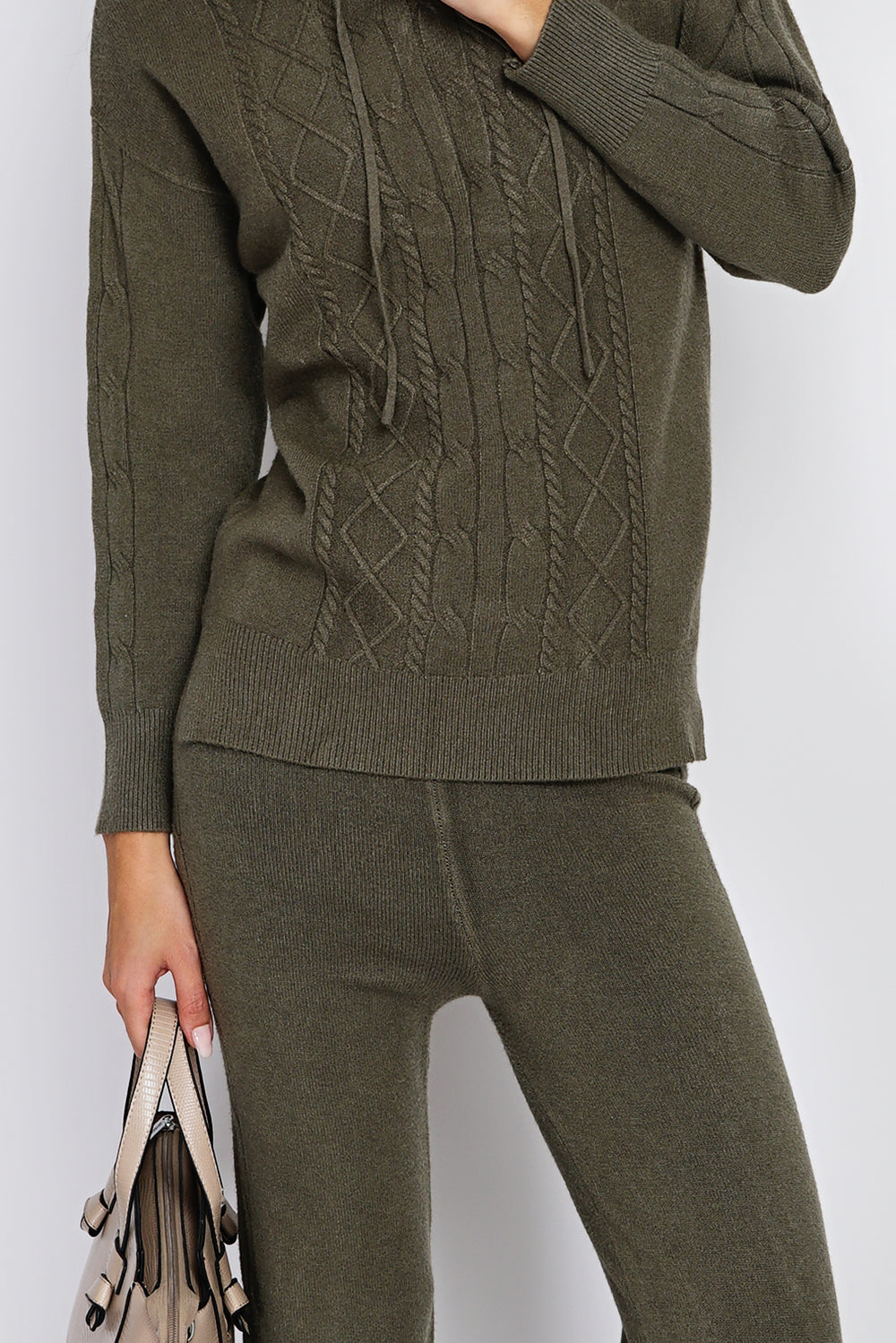 Fancy knitted hooded sweater and high-waisted wide-leg pants set in 4 threads