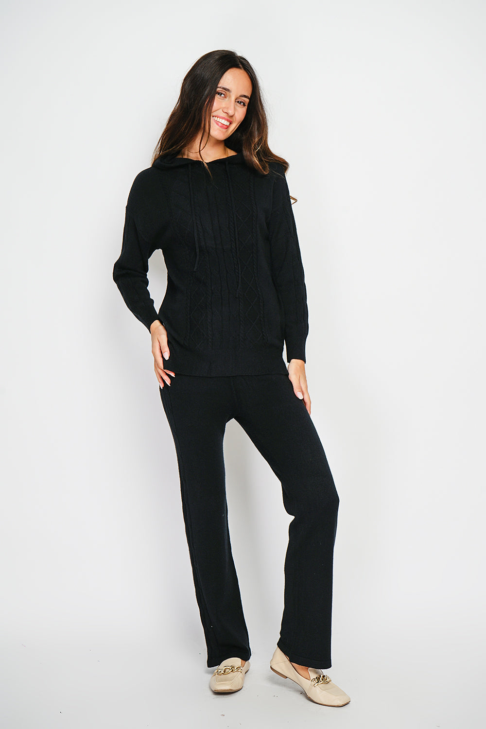 Fancy knitted hooded sweater and high-waisted wide-leg pants set in 4 threads