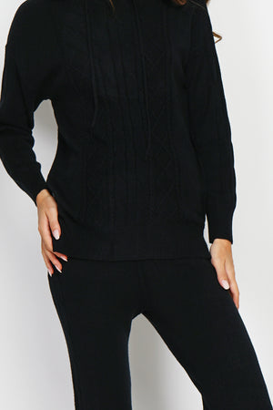 Fancy knitted hooded sweater and high-waisted wide-leg pants set in 4 threads