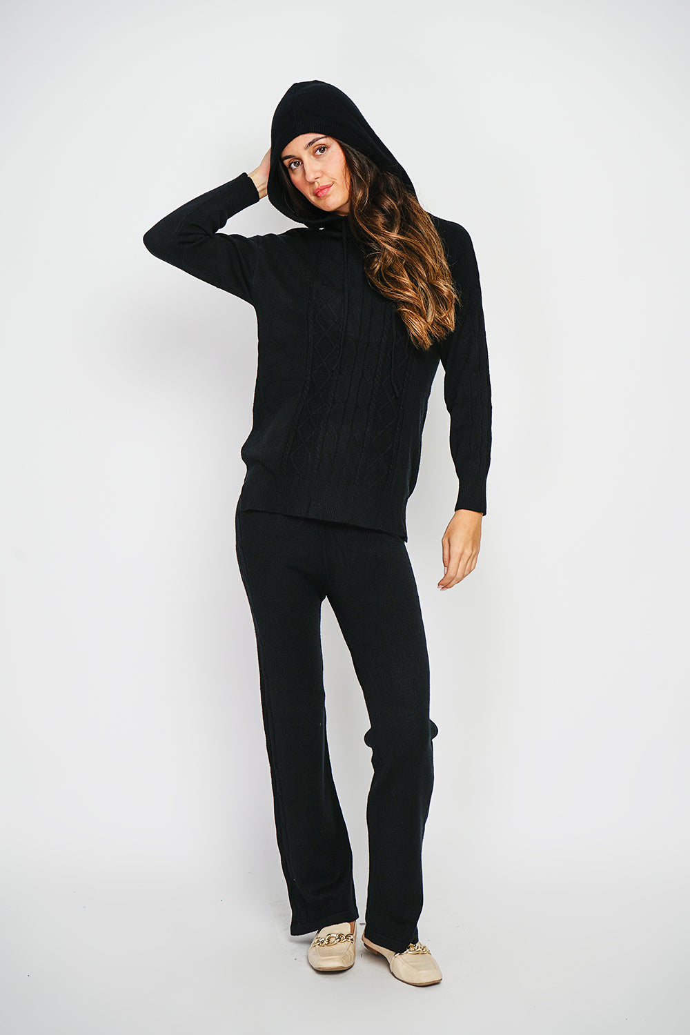 Fancy knitted hooded sweater and high-waisted wide-leg pants set in 4 threads