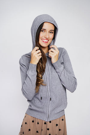 Zipped hooded vest with front pockets, long sleeves, 3-ply knitted fabric