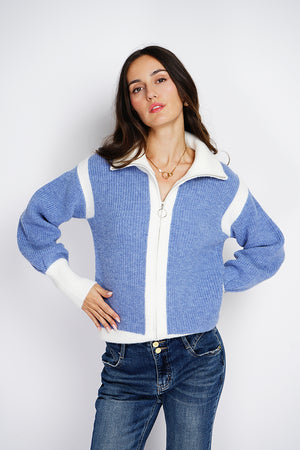 Bi-color zipped cardigan with long sleeves