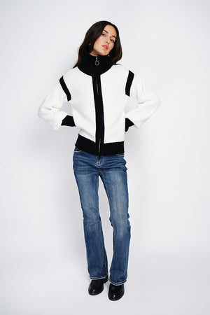 Bi-color zipped cardigan with long sleeves