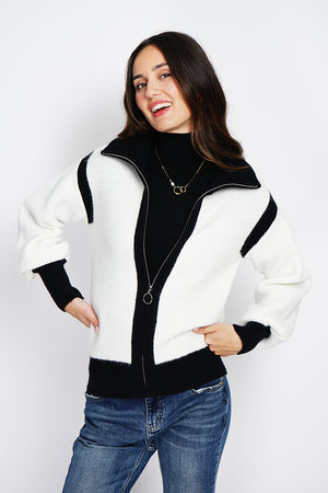 Bi-color zipped cardigan with long sleeves