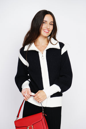 Bi-color zipped cardigan with long sleeves