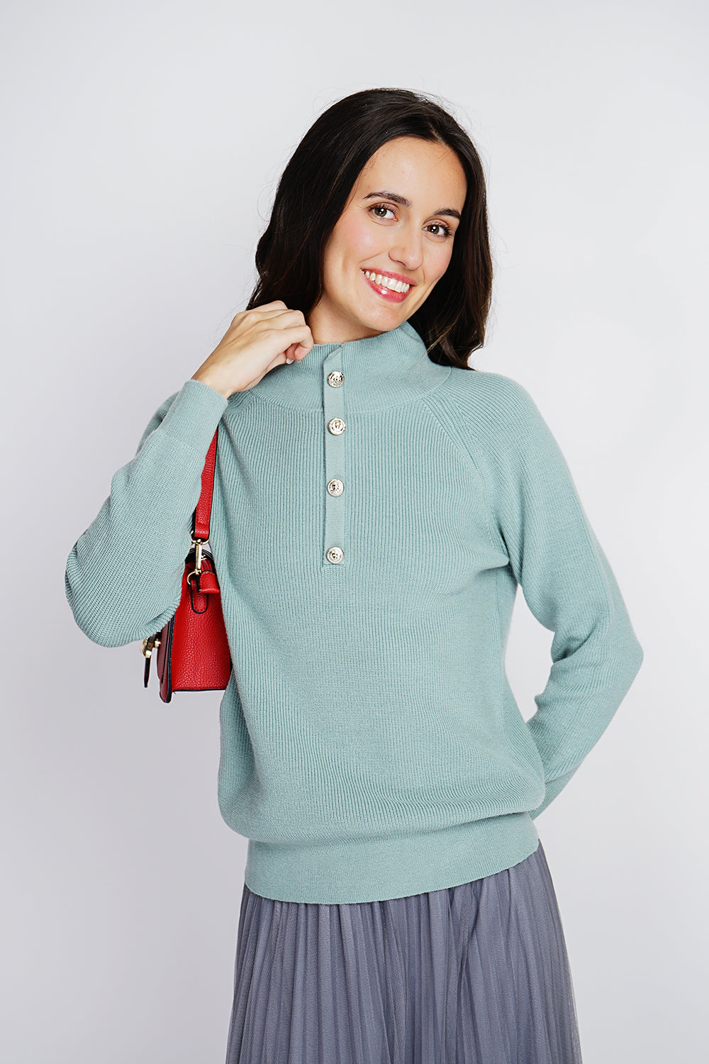 High neck sweater with fancy button front and long sleeves