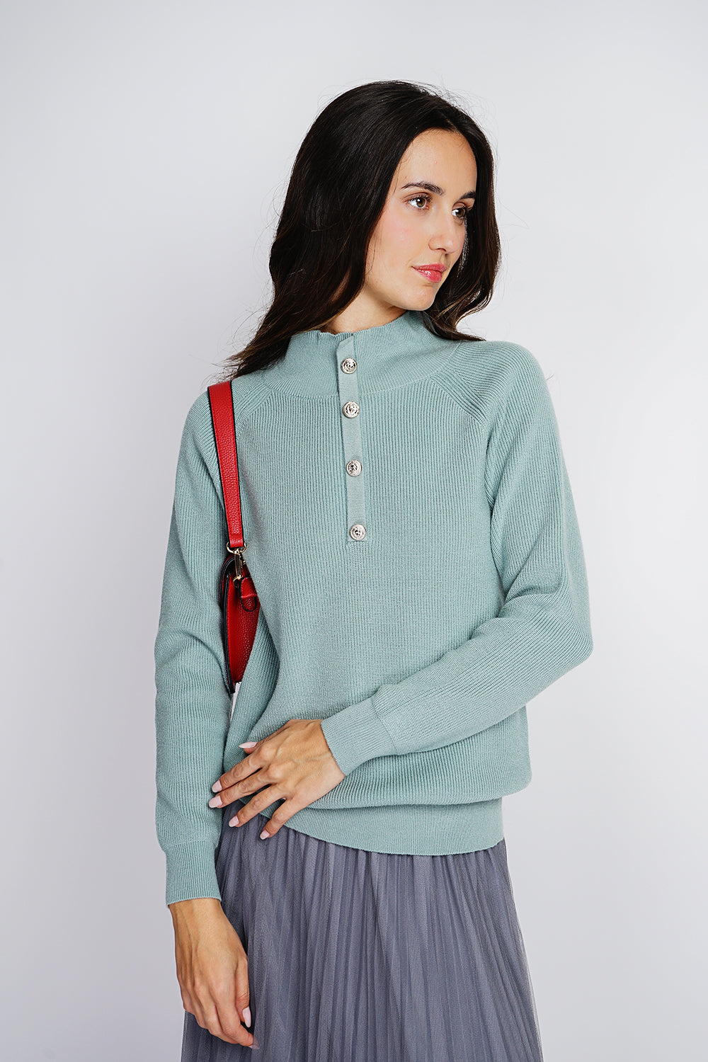 High neck sweater with fancy button front and long sleeves