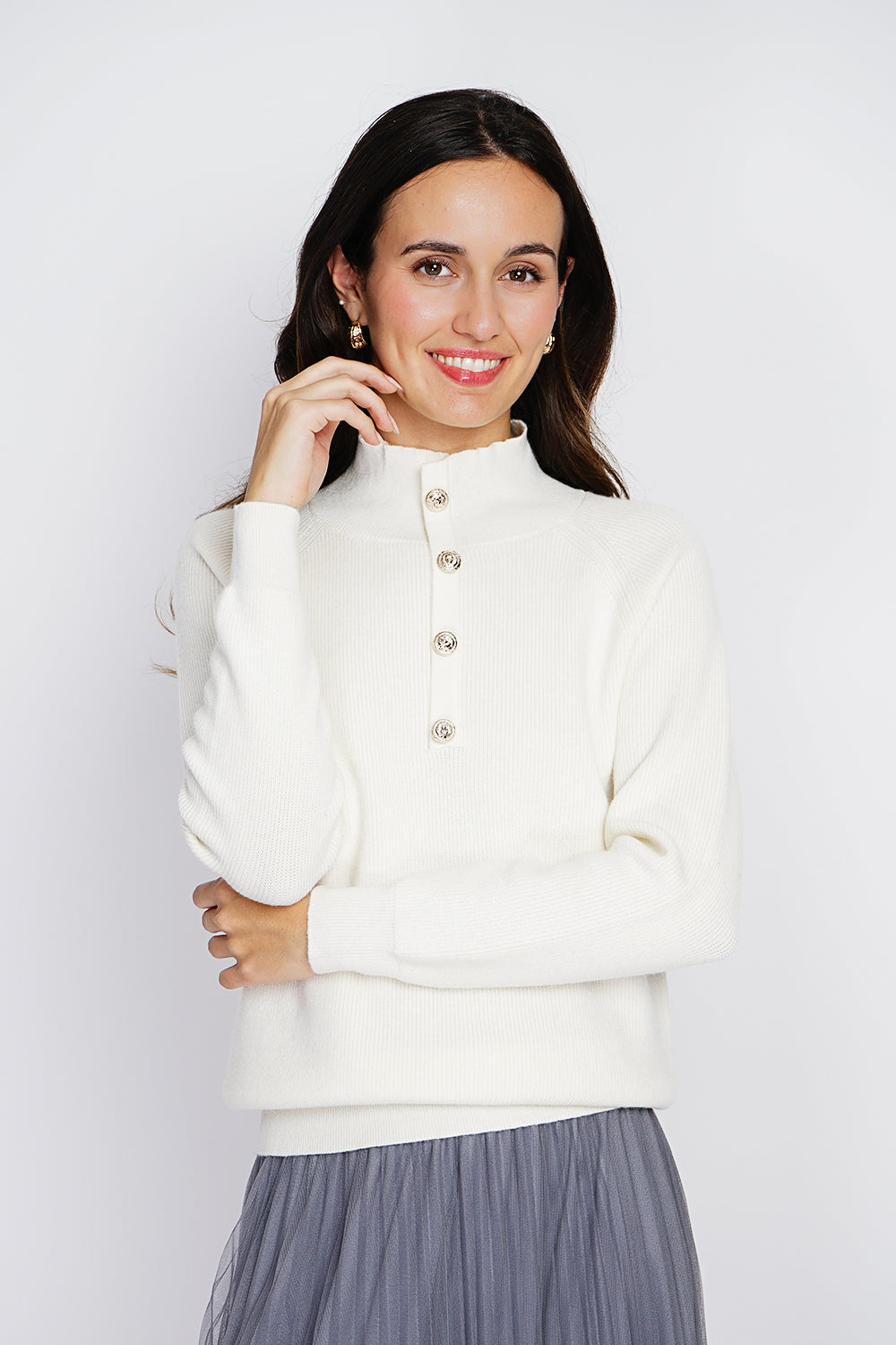 High neck sweater with fancy button front and long sleeves