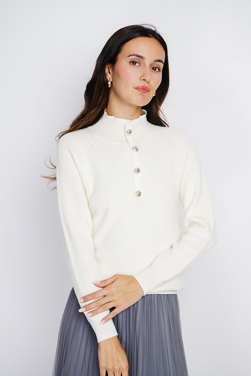 High neck sweater with fancy button front and long sleeves