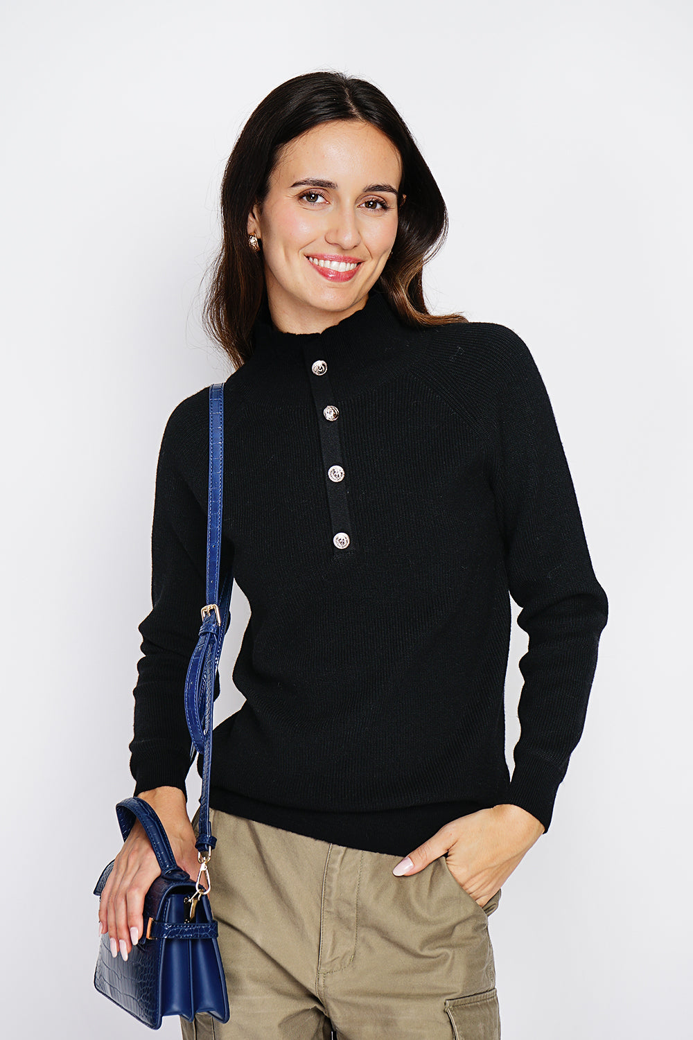 High neck sweater with fancy button front and long sleeves