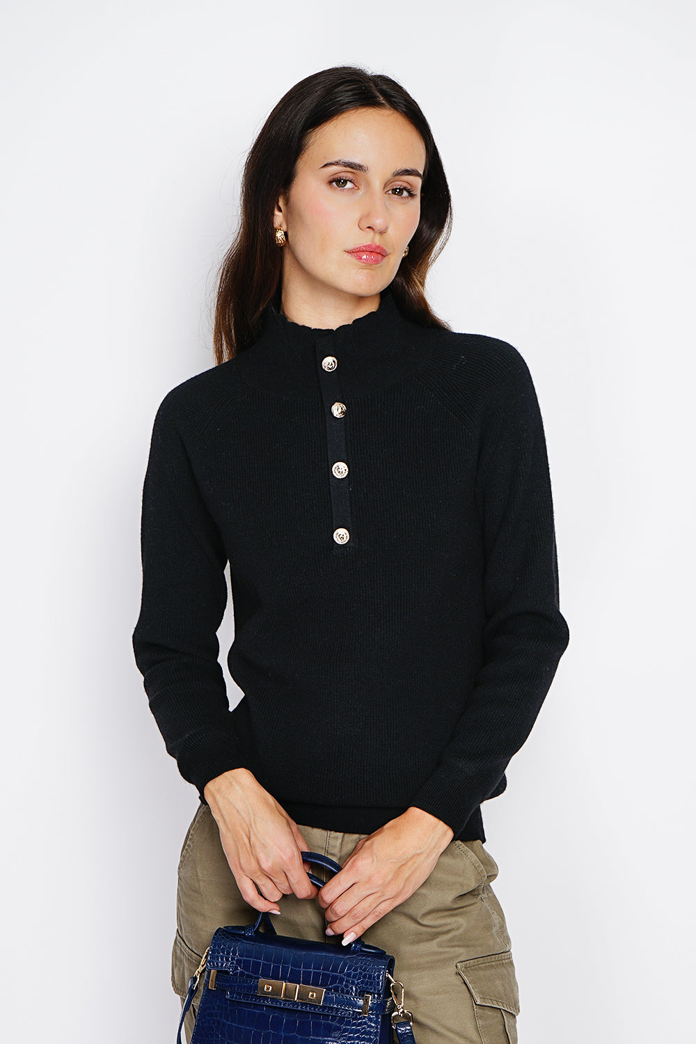 High neck sweater with fancy button front and long sleeves