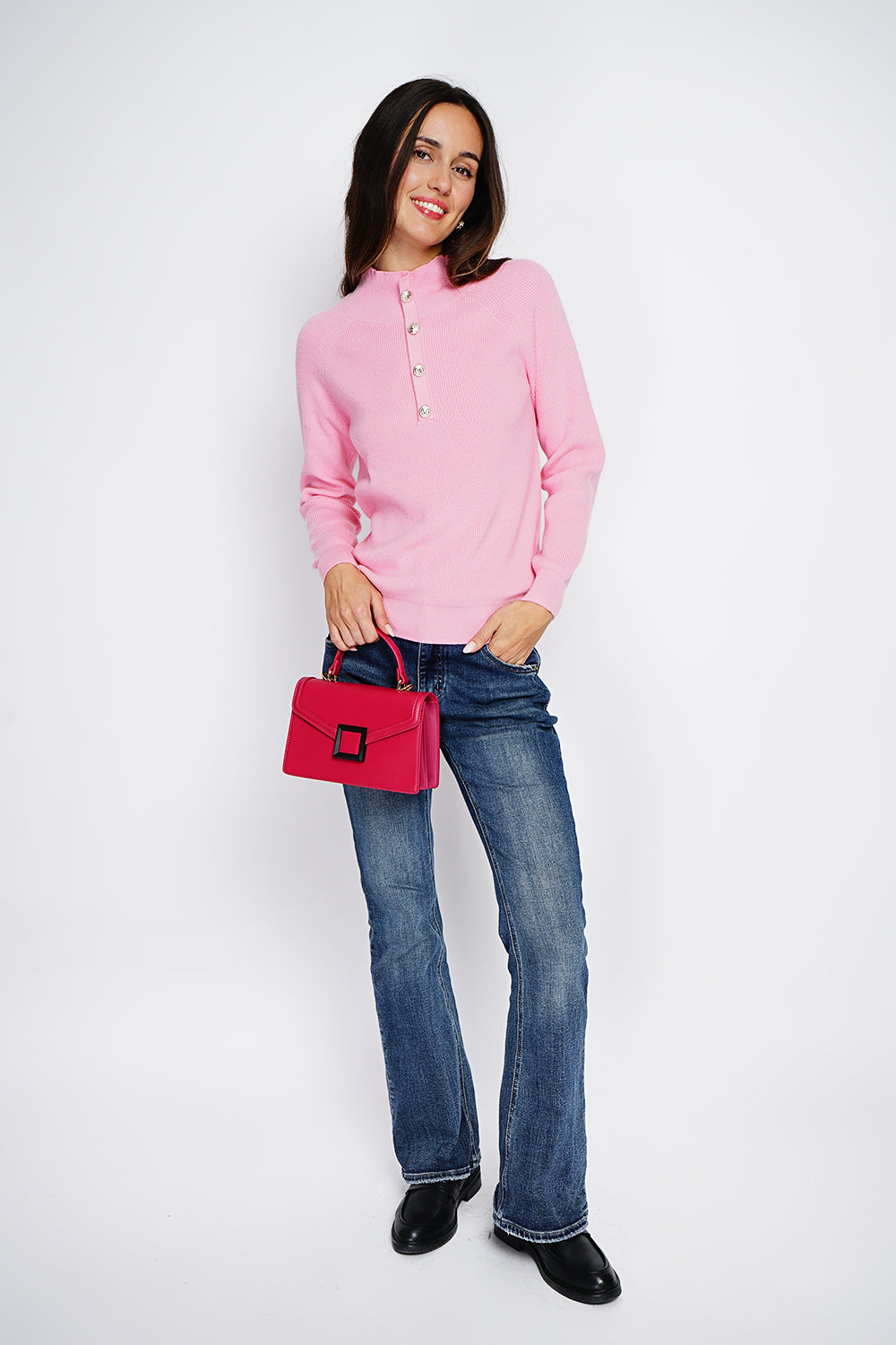 High neck sweater with fancy button front and long sleeves