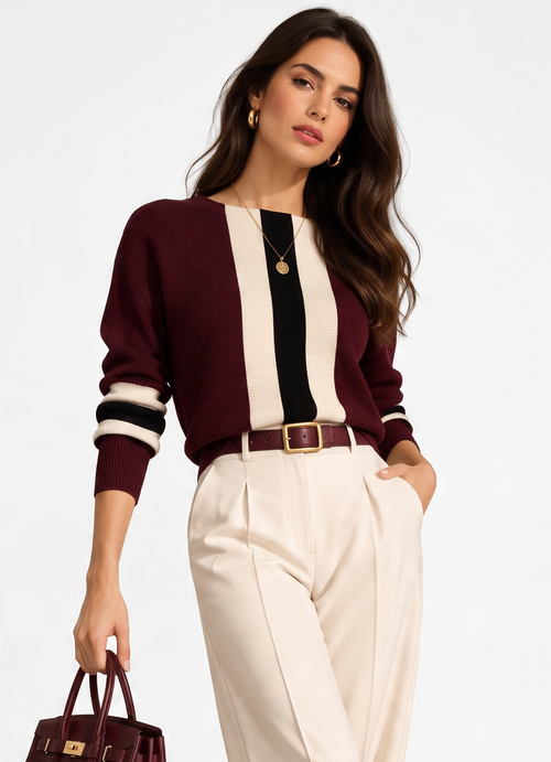 Bi-color crew neck sweater with long sleeves – Wine red – Assuili