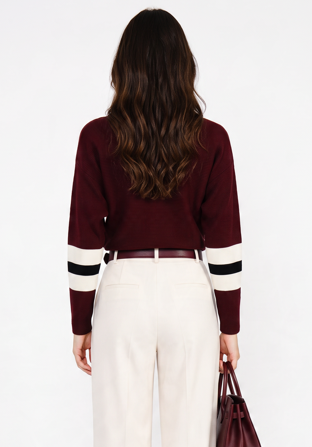 Bi-color crew neck sweater with long sleeves – Wine red – Assuili