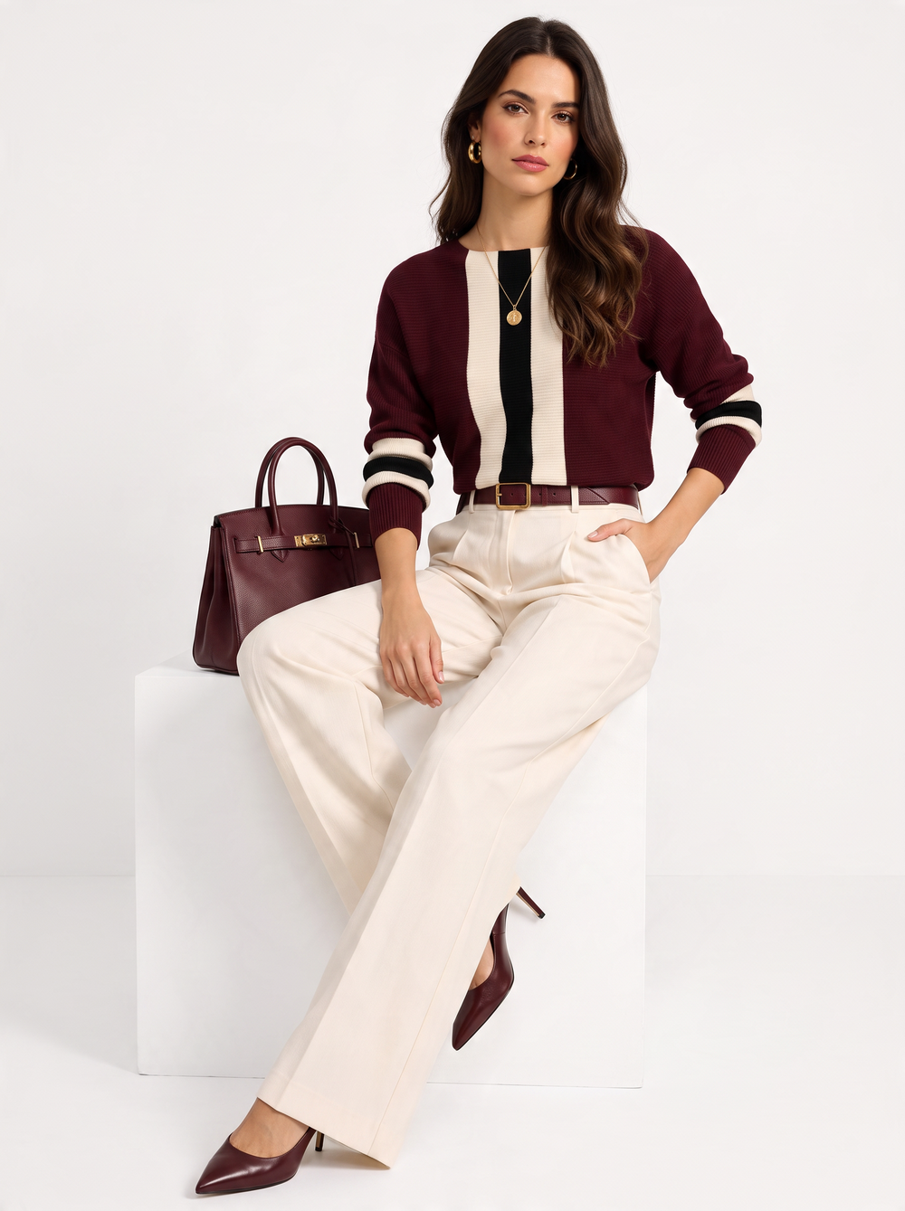 Bi-color crew neck sweater with long sleeves – Wine red – Assuili