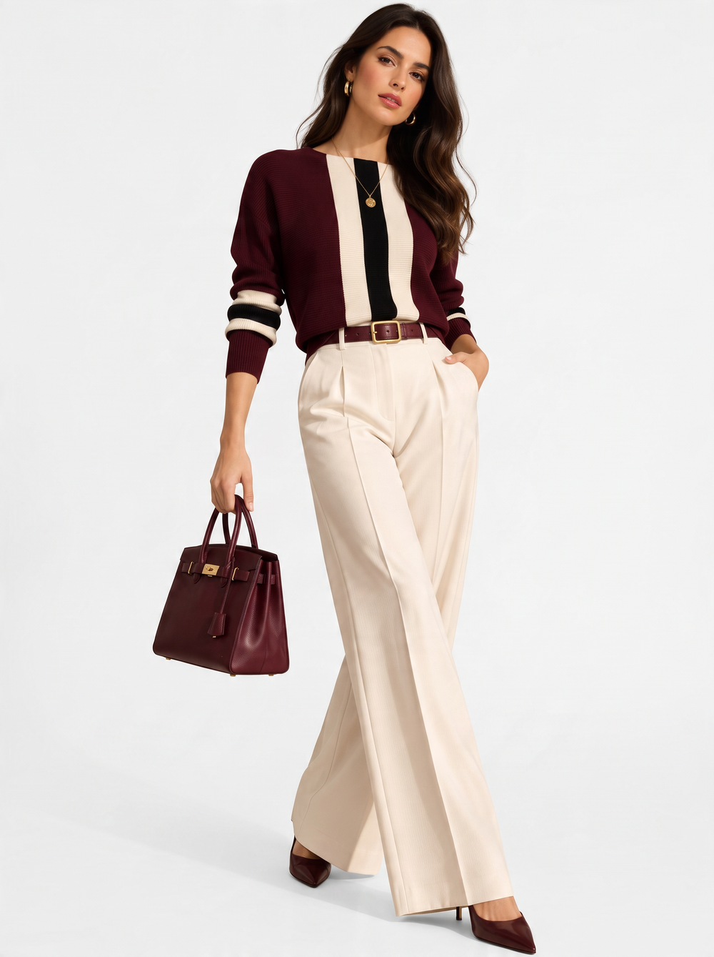 Bi-color crew neck sweater with long sleeves – Wine red – Assuili