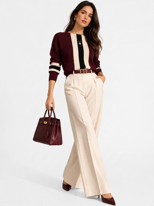 Bi-color crew neck sweater with long sleeves – Wine red – Assuili