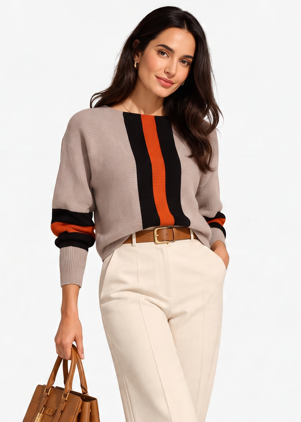 Bi-color crew neck sweater with long sleeves – Desert – Assuili