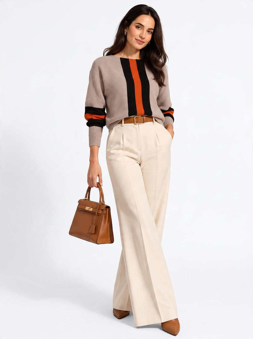 Bi-color crew neck sweater with long sleeves – Desert – Assuili