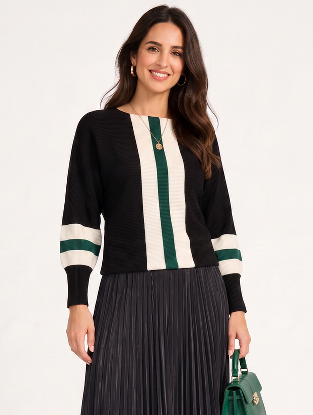 Bi-color crew neck sweater with long sleeves – Black – Assuili