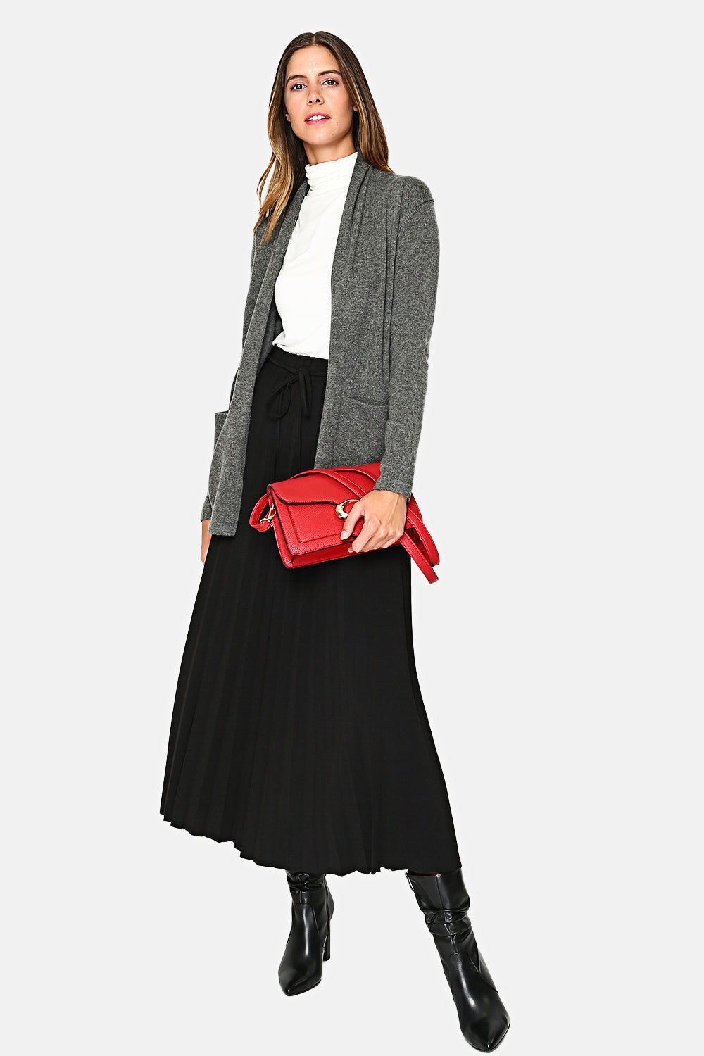 Long shawl collar cardigan with front pockets and long sleeves