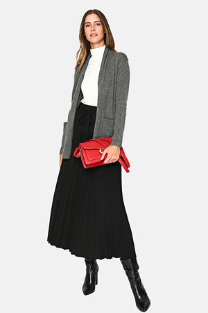 Long shawl collar cardigan with front pockets and long sleeves