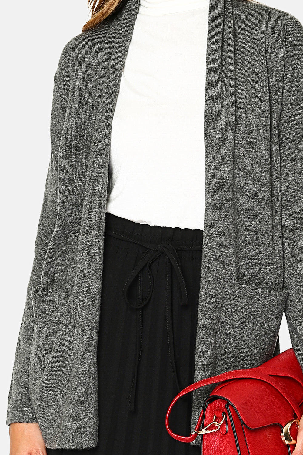Long shawl collar cardigan with front pockets and long sleeves
